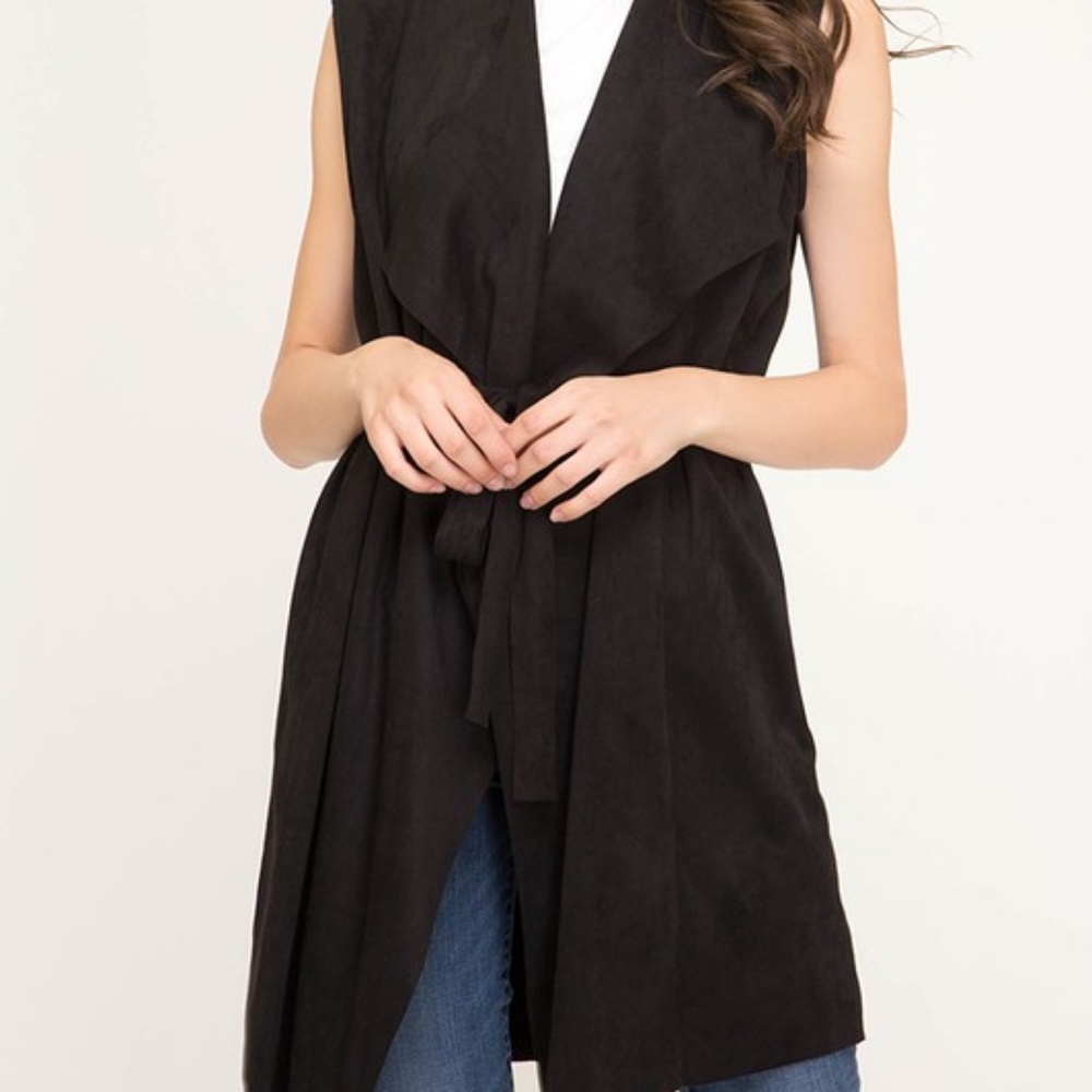 Black Faux Suede Tie Front Vest
